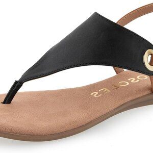Women's Flat Sandal Faux Leather Black Combo Size 8.5 Cushioned Grip